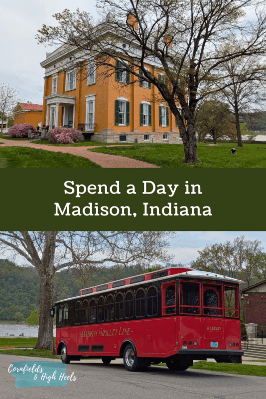 Madison Indiana historic district street view with colorful buildings and ready trolley